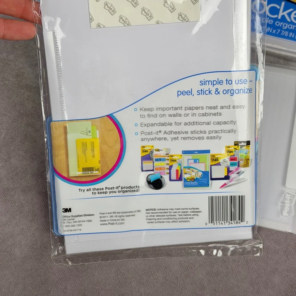 Post-it Pockets Medium Expandable Adhesive Organizer Clear White 7 Pieces NEW